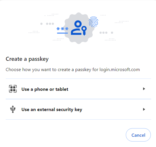 Screen showing 'Create a passkey' - select 'Use an external security key'